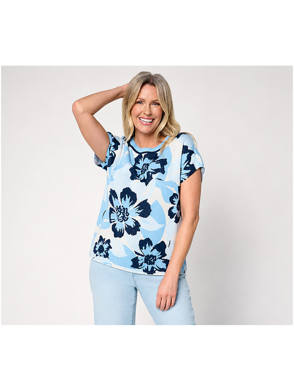 AnyBody Extended Shoulder Floral Intarsia Sweater Cloud Blue, Medium